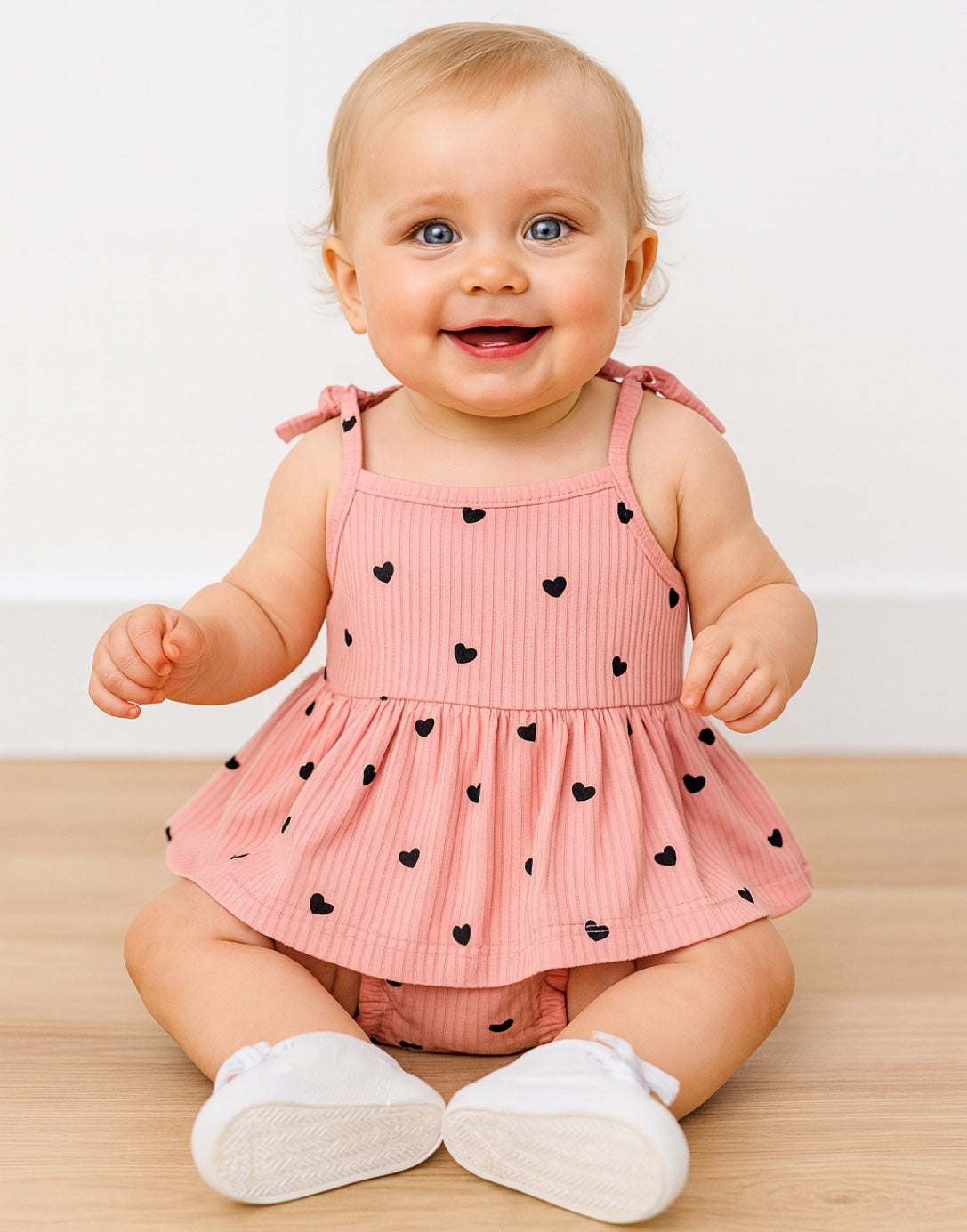 Baby wearing a pink Baby Girl Cami Bodysuit Dress with black heart patterns on a wooden floor.