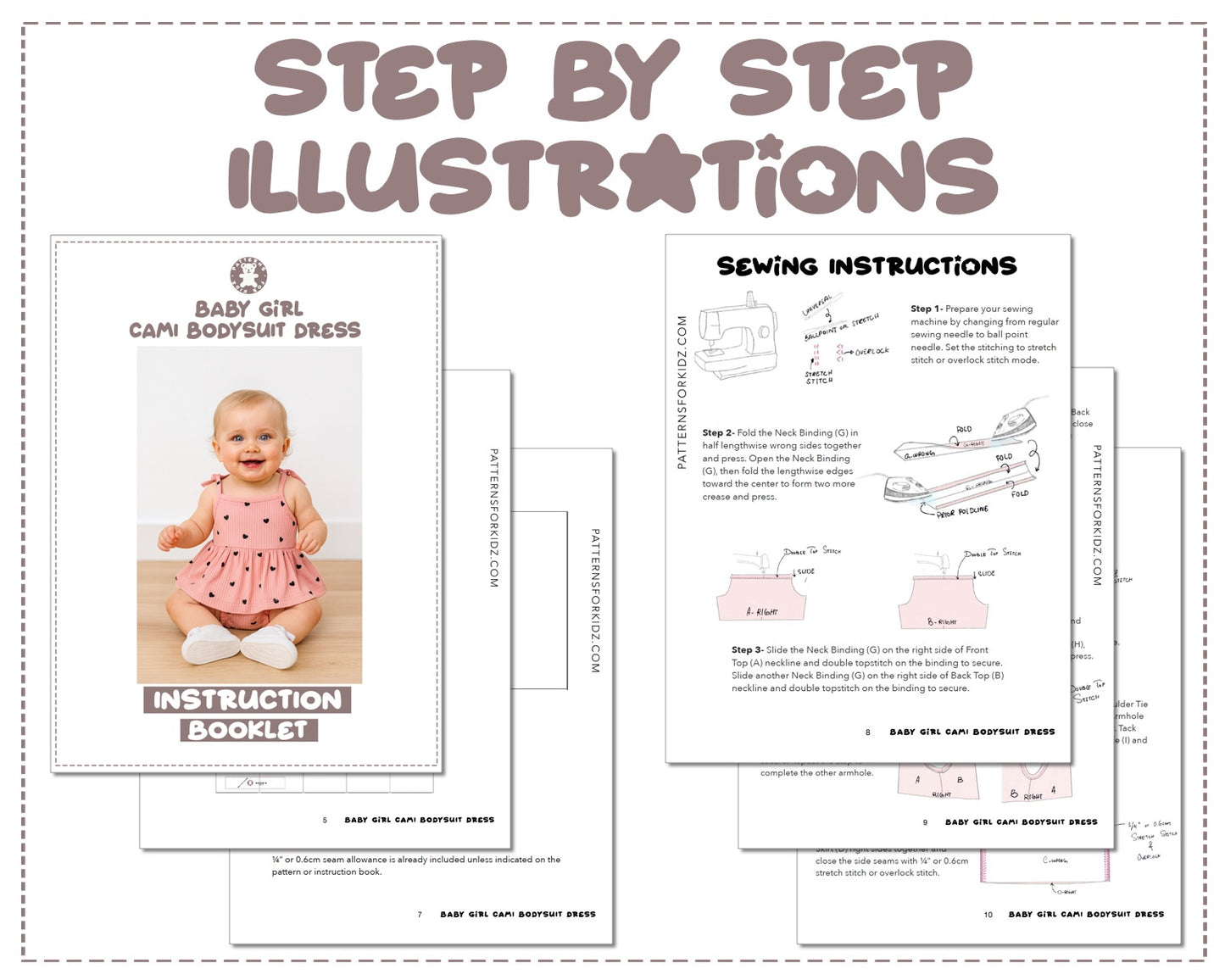 Baby Girl Cami Bodysuit Dress sewing pattern instruction booklet showing step by step illustrations to make the garment.