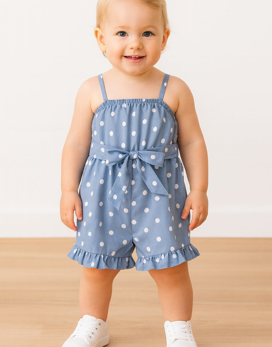 Child wearing a blue polka dot Cami Ruffle Hem Romper with a white background