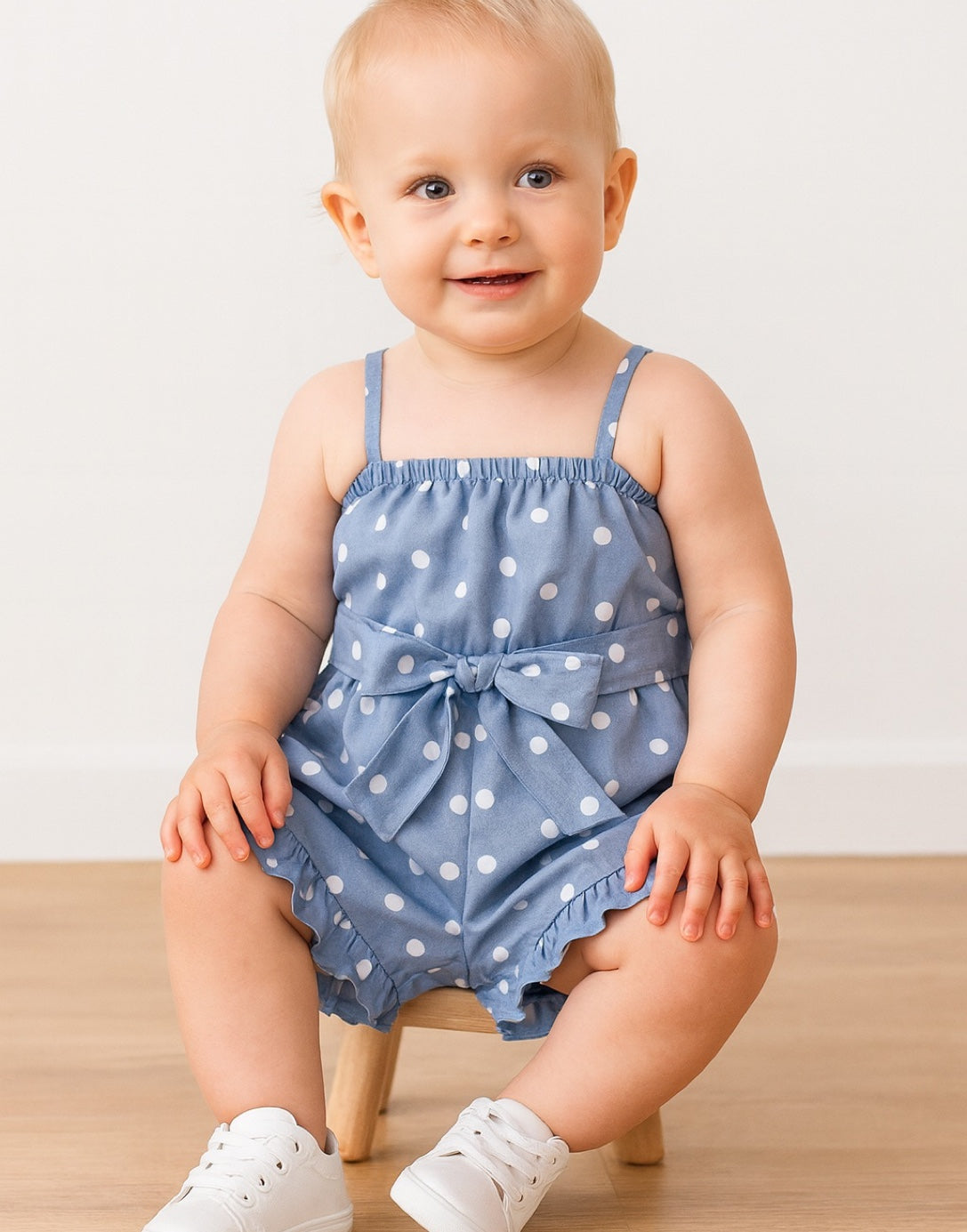 Baby wearing a blue polka dot Cami Ruffle Hem Romper with a bow on a wooden stool against a white background