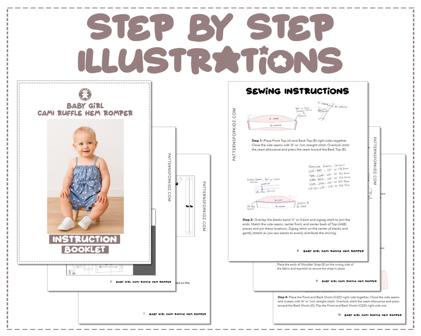 Baby Girl Cami Ruffle Hem Romper sewing pattern instruction booklet showing step by step illustrations to make the garment.