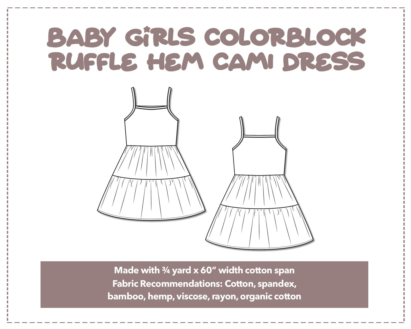 Illustration and detailed description for Baby Girl Colorblock Ruffle Hem Cami Dress sewing pattern.