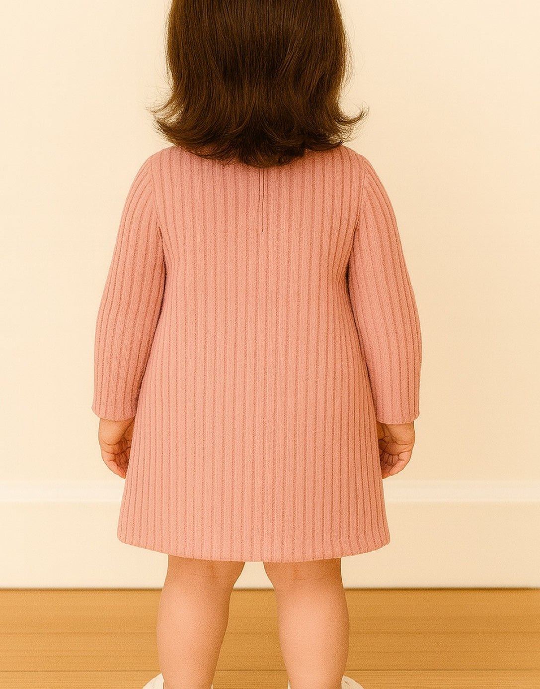 Back view of child wearing a pink ribbed Long Sleeve Turtleneck Sweater Dress against a plain background.