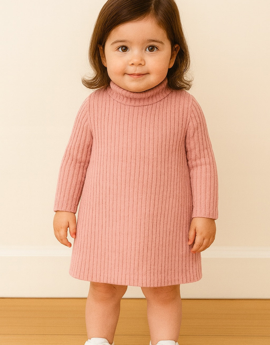 Child wearing a pink ribbed Long Sleeve Turtleneck Sweater Dress against a plain background.