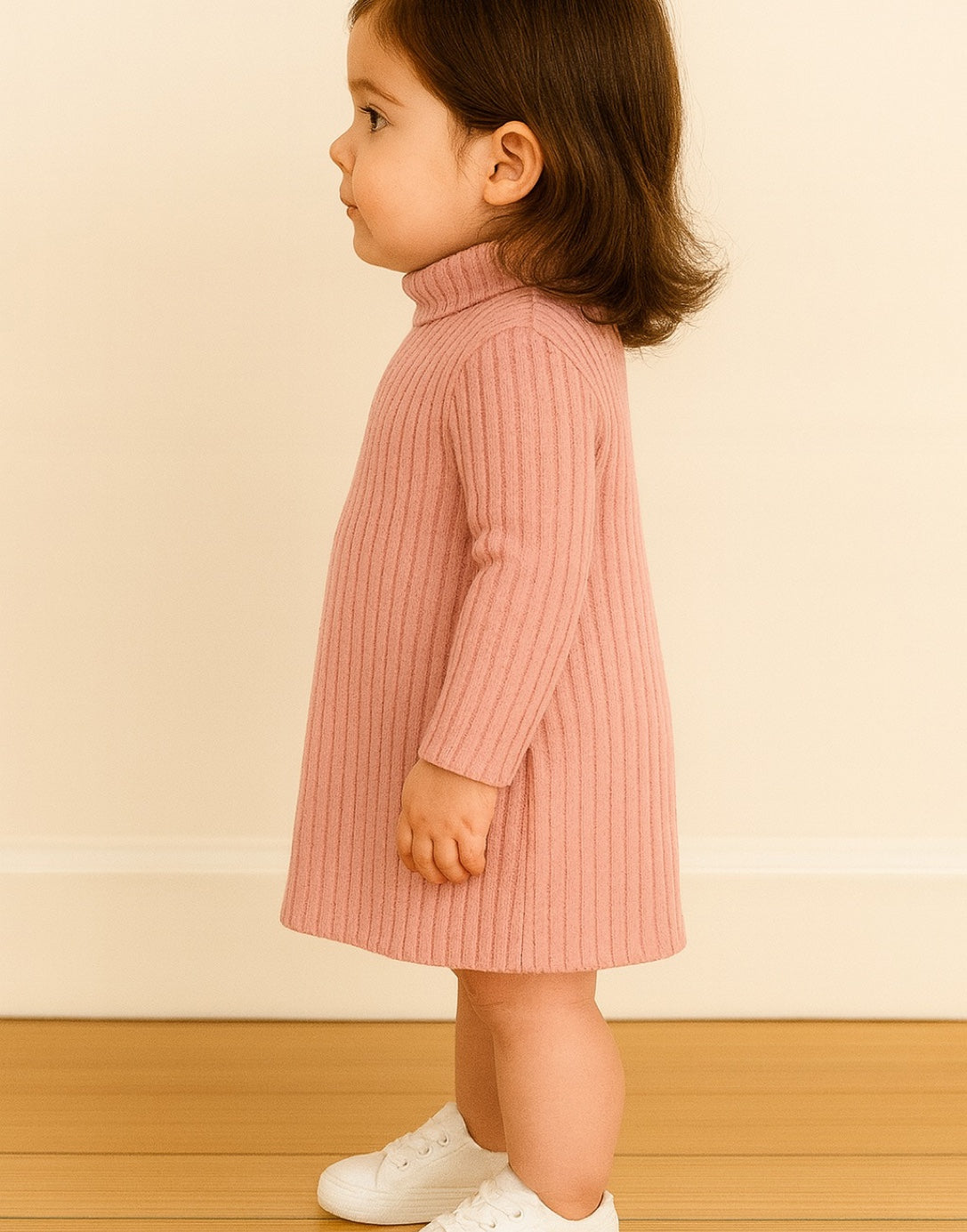 Side view of child wearing a pink ribbed Long Sleeve Turtleneck Sweater Dress against a plain background.