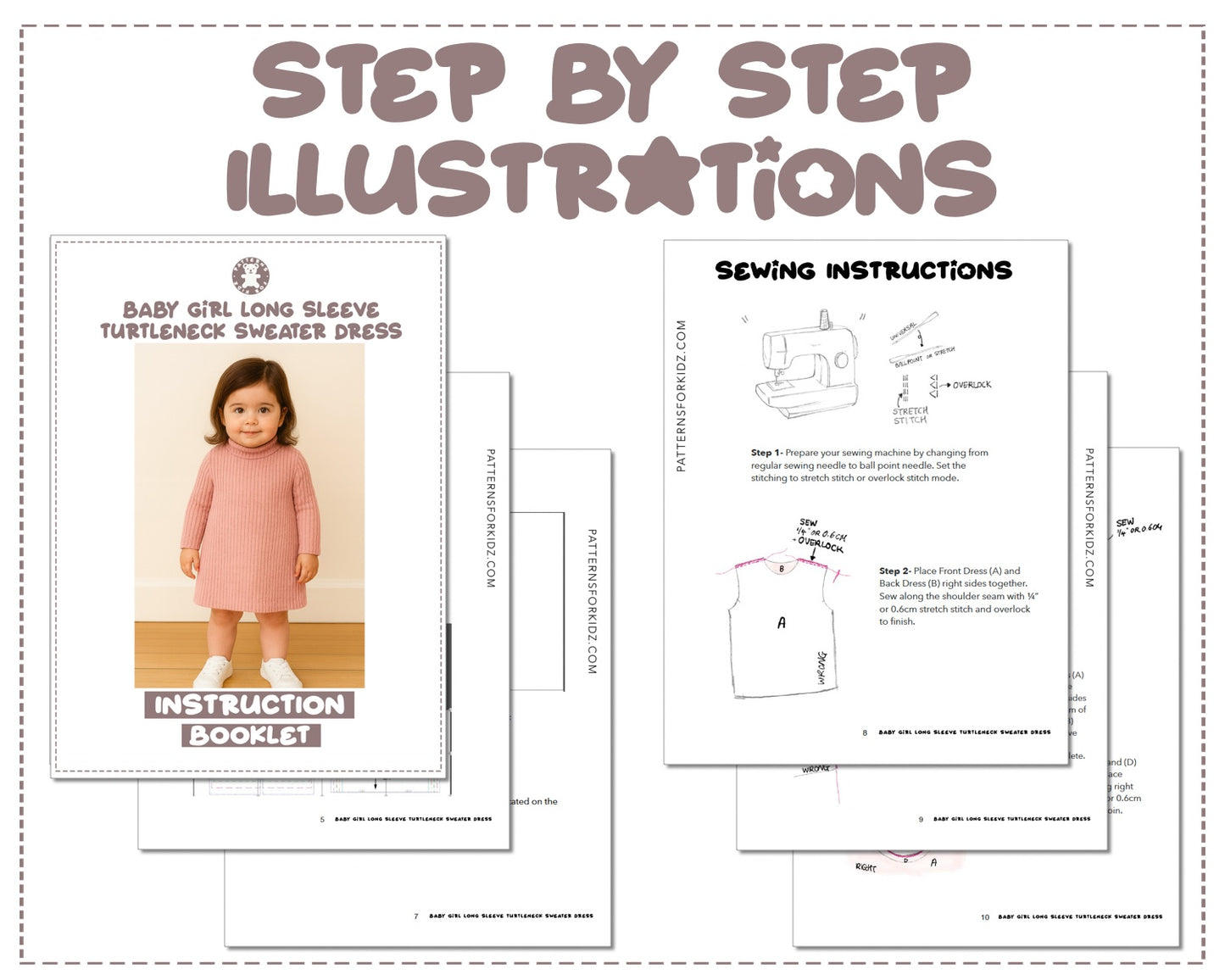 Baby Girl Long Sleeve Turtleneck Sweater Dress sewing pattern instruction booklet showing step by step illustrations to make the garment.