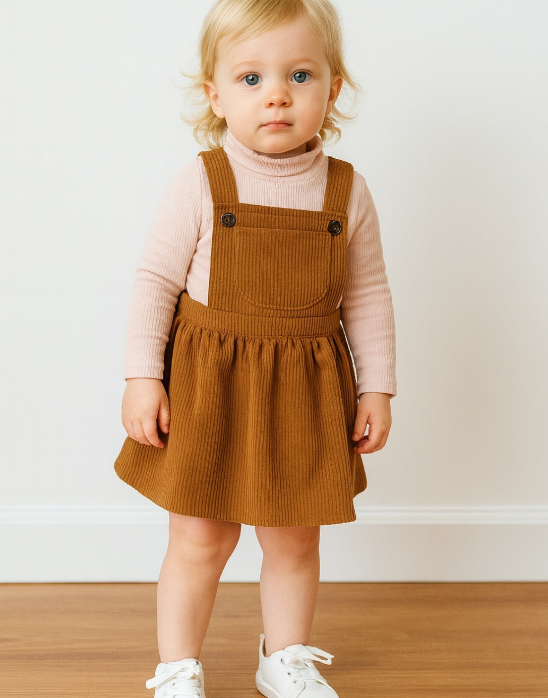 Child wearing a brown Overall Dress over a pink sweater against a white wall.