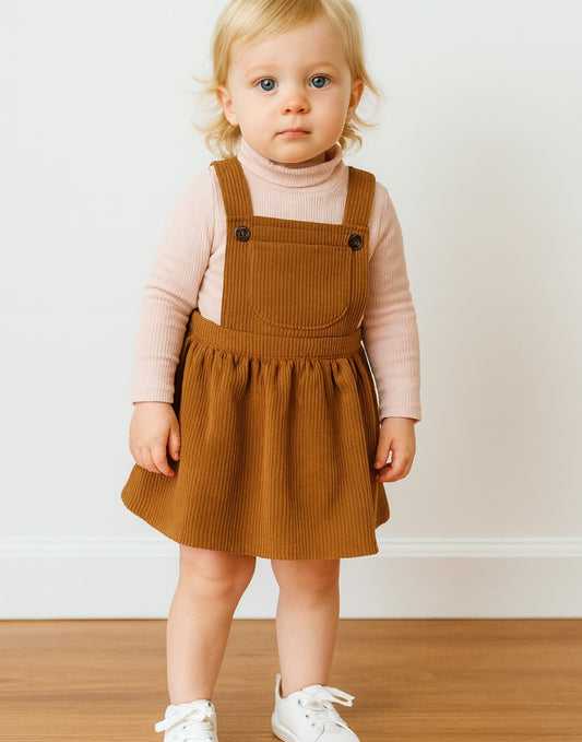 Child wearing a brown Overall Dress over a pink sweater against a white wall.