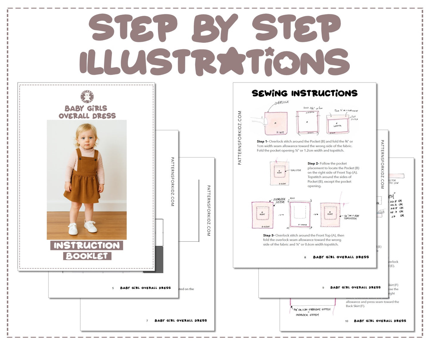Baby Girl Overall Dress sewing pattern instruction booklet showing step by step illustrations to make the garment.