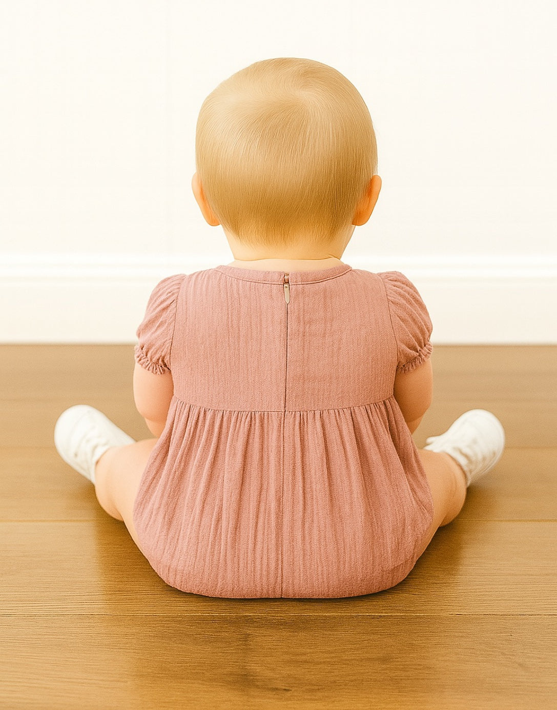 Back view of baby sitting on a wooden floor wearing a pink Puff Sleeve Onesie Romper and white shoes.