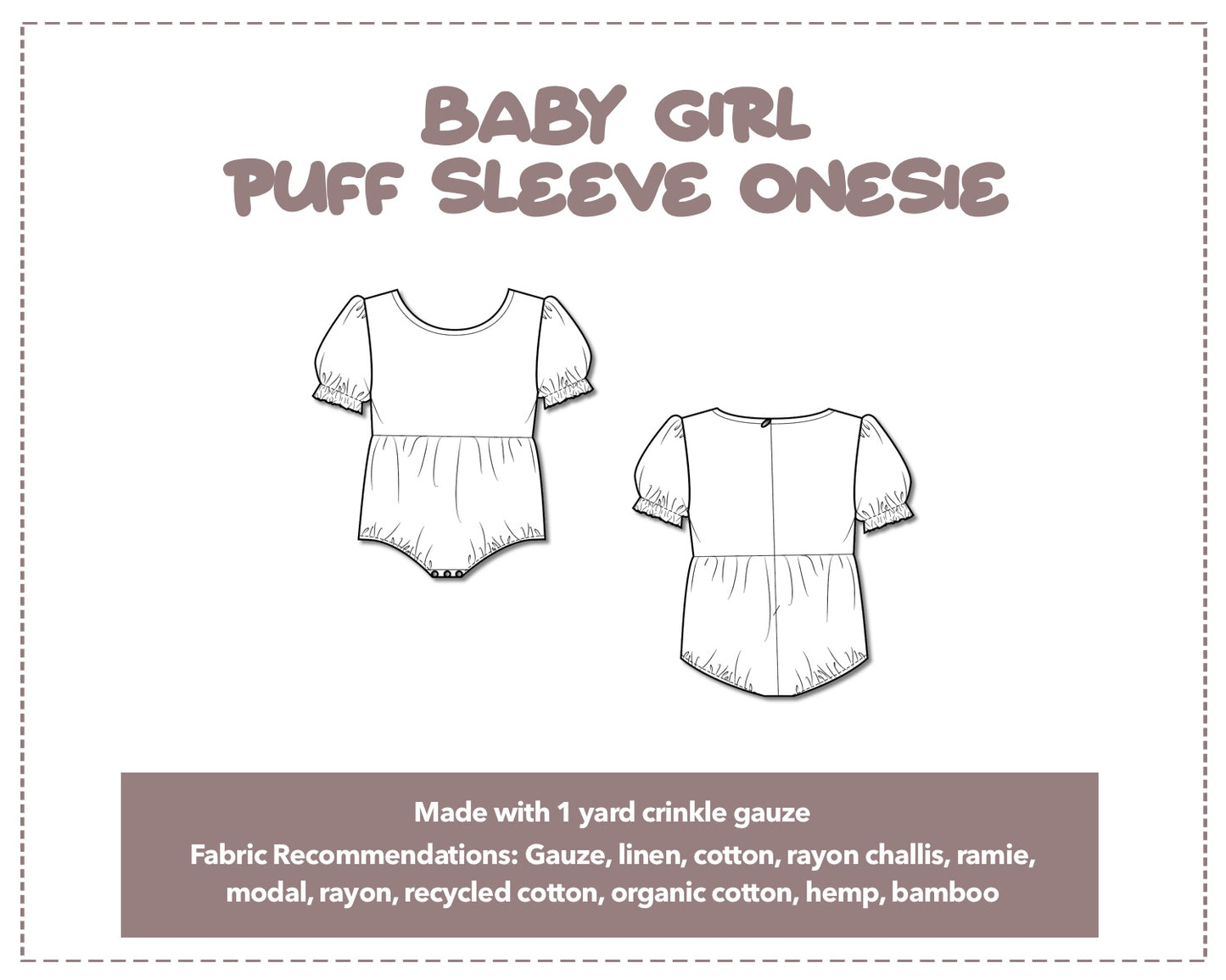 Illustration and detailed description for Baby Girl Puff Sleeve Onesie sewing pattern.