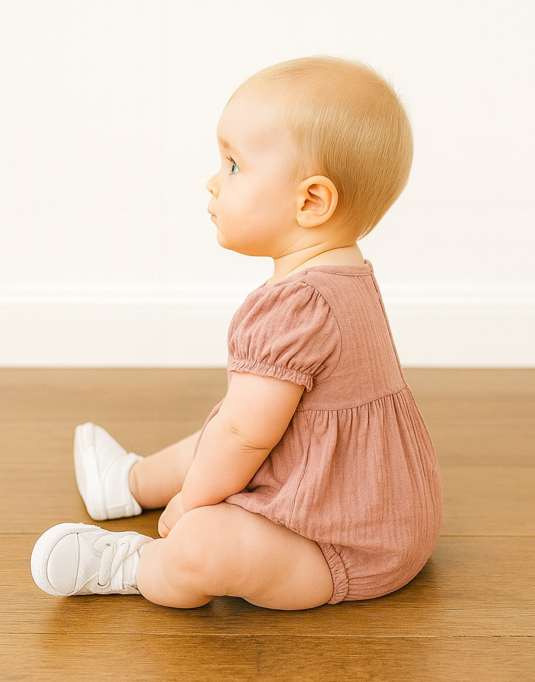 Side view of baby sitting on a wooden floor wearing a pink Puff Sleeve Onesie Romper and white shoes.