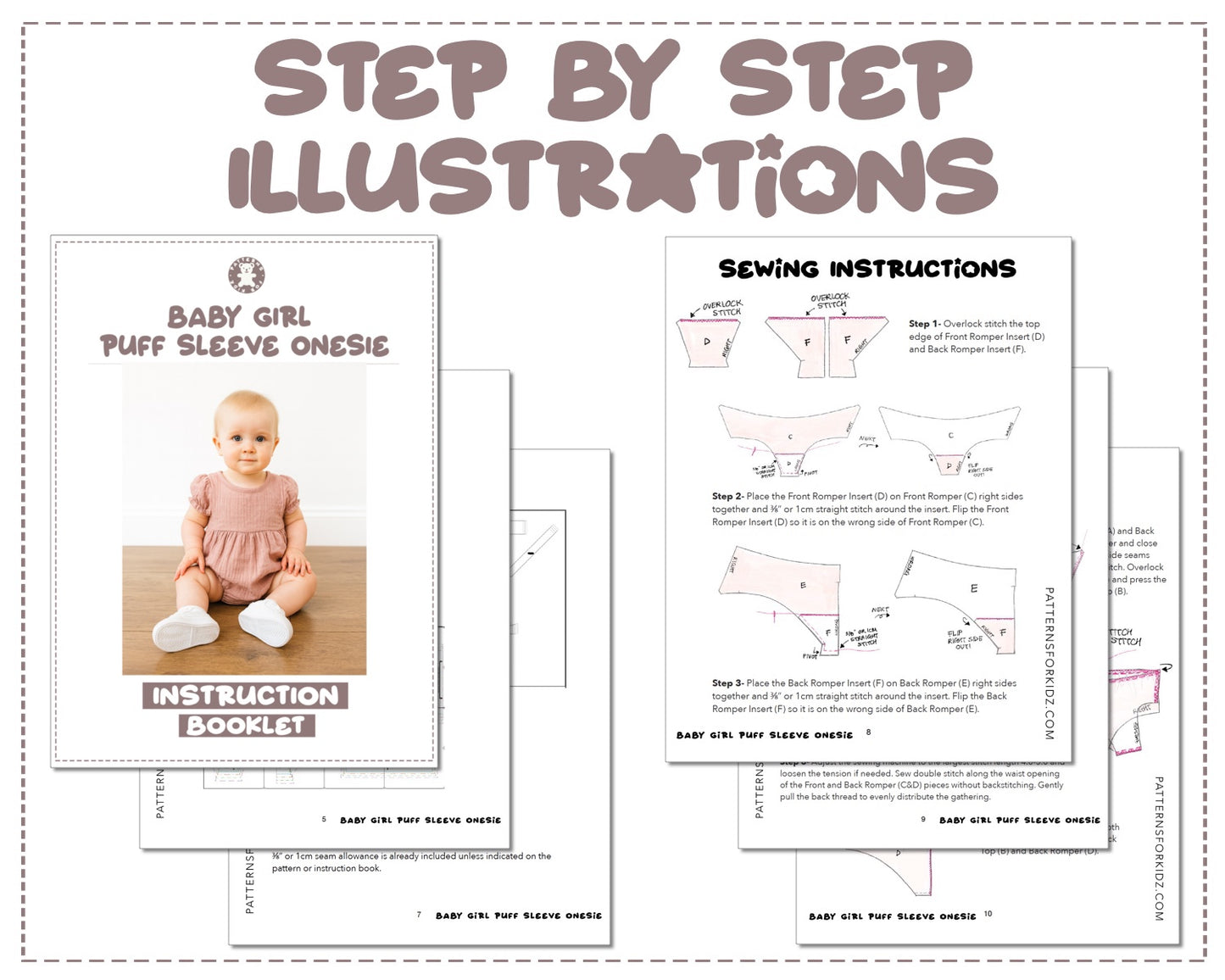 Baby Girl Puff Sleeve Onesie sewing pattern instruction booklet showing step by step illustrations to make the garment.