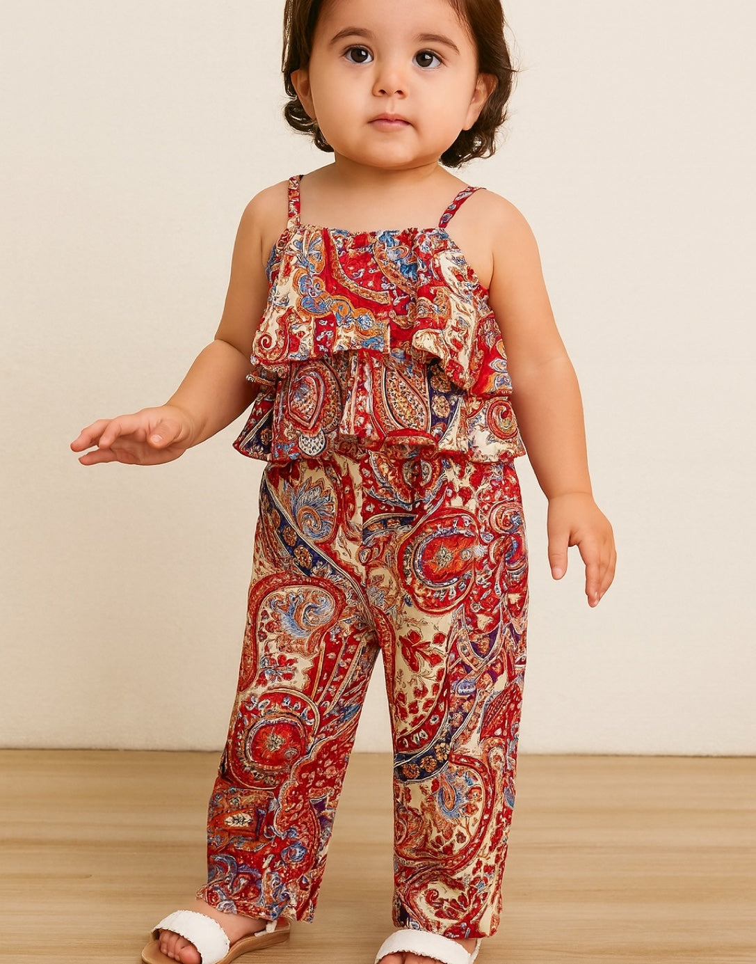 Child wearing a red and blue patterned Ruffle Hem Cami Top and Wide Leg Pants Set on a plain background