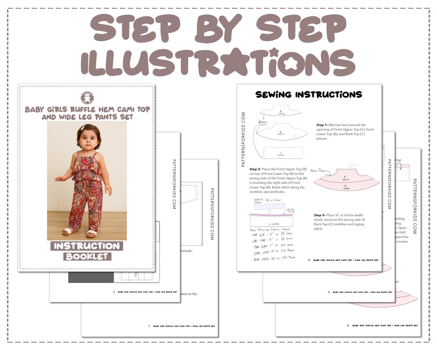 Baby Girl Ruffle Hem Cami Top and Wide Leg Pants Set sewing pattern instruction booklet showing step by step illustrations to make the garment.