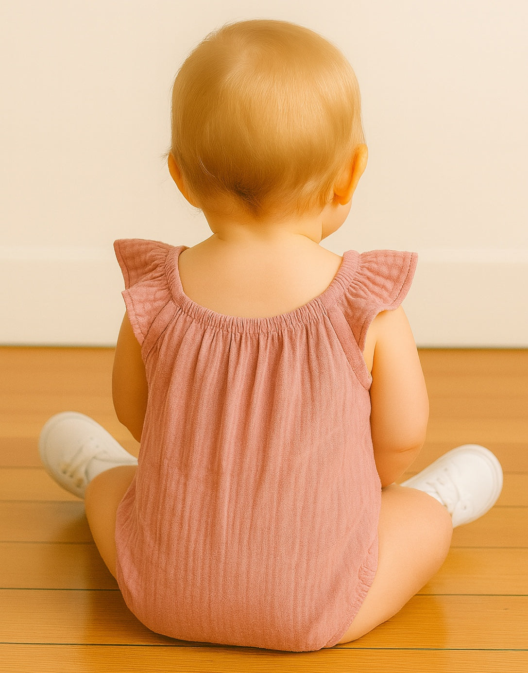 Back view of baby wearing a pink Ruffled Bodysuit Onesie and white shoes sitting down on wood floor with plain background.