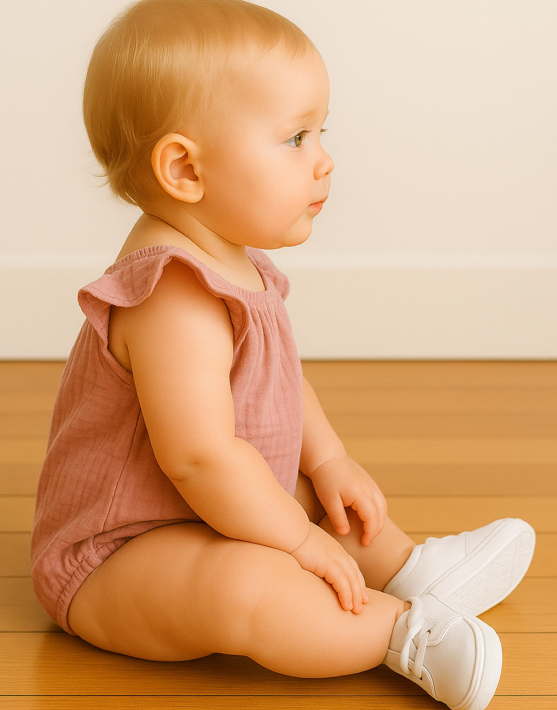 Side view of baby wearing a pink Ruffled Bodysuit Onesie and white shoes sitting down on wood floor with plain background.