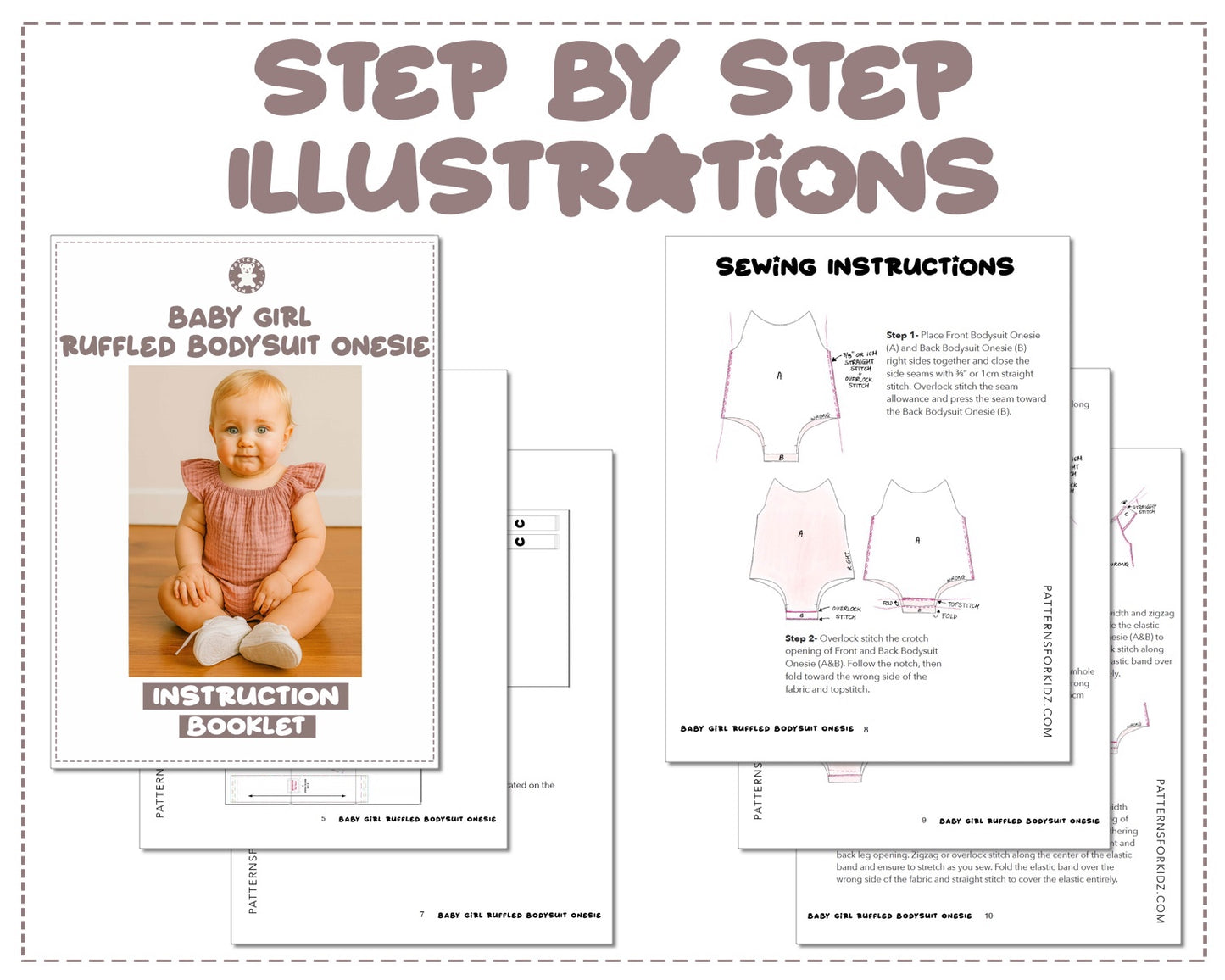 Baby Girl Ruffled Bodysuit Onesie instruction booklet showing step by step illustrations to make the garment.