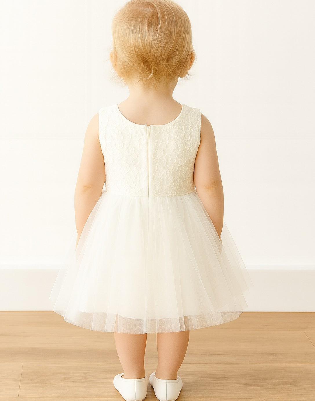 Back view of child wearing a white Sleeveless Party Dress with a plain background.