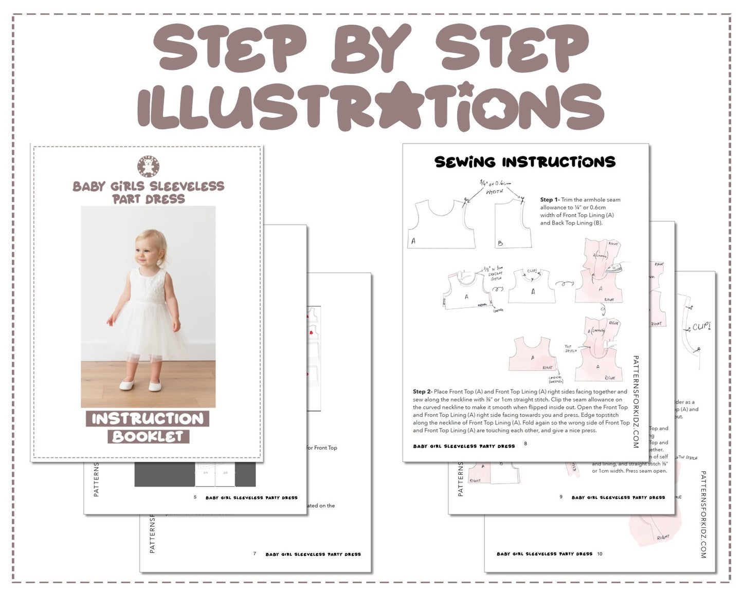 Baby Girl Sleeveless Party Dress sewing pattern instruction booklet showing step by step illustrations to make the garment.
