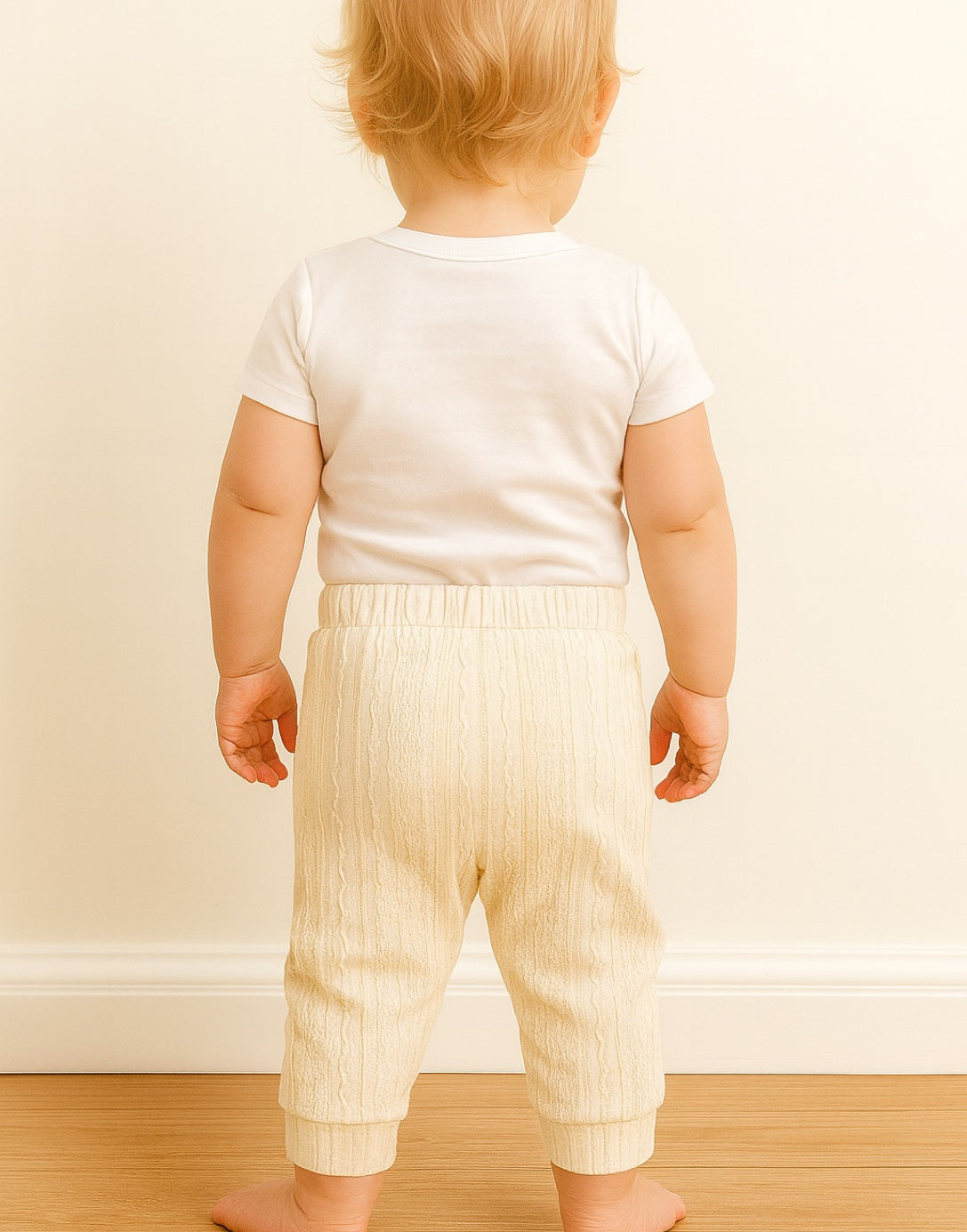 Child wearing a white shirt and light-colored pants on a plain background