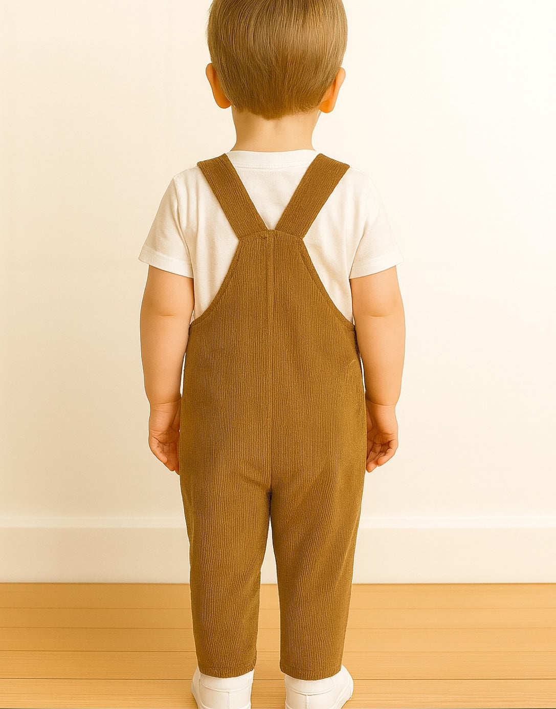 Back view of child wearing brown overalls and a white shirt against a plain background.