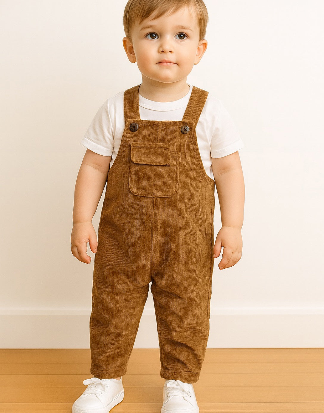 Child wearing brown Overall Jumpsuit and white shoes on a plain background