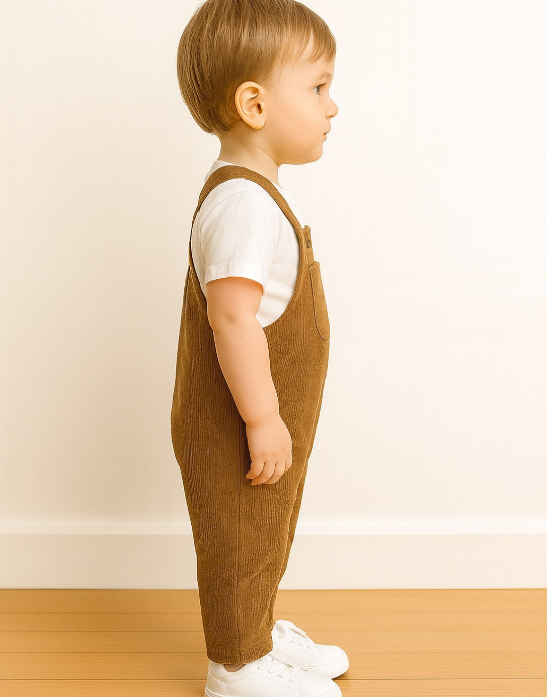 Side view of child wearing brown corduroy overalls and white shoes on a plain background.