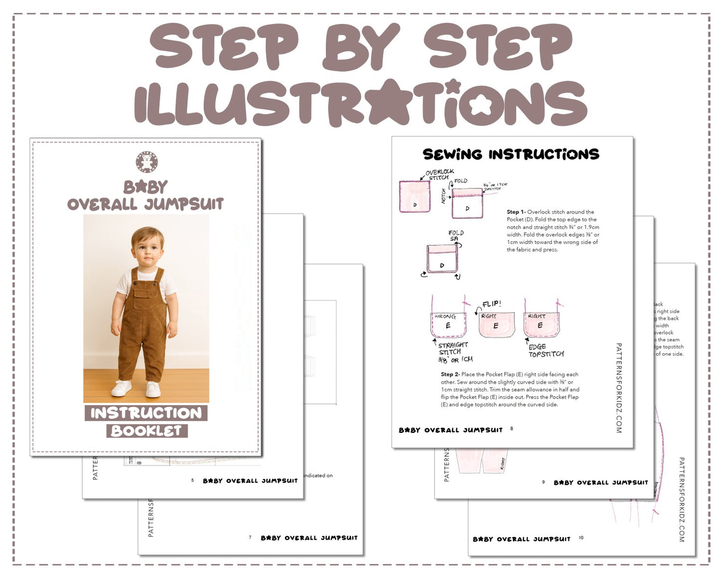 Baby Flap Pocket Overall Jumpsuit sewing pattern instruction booklet showing step by step illustrations to make the garment.
