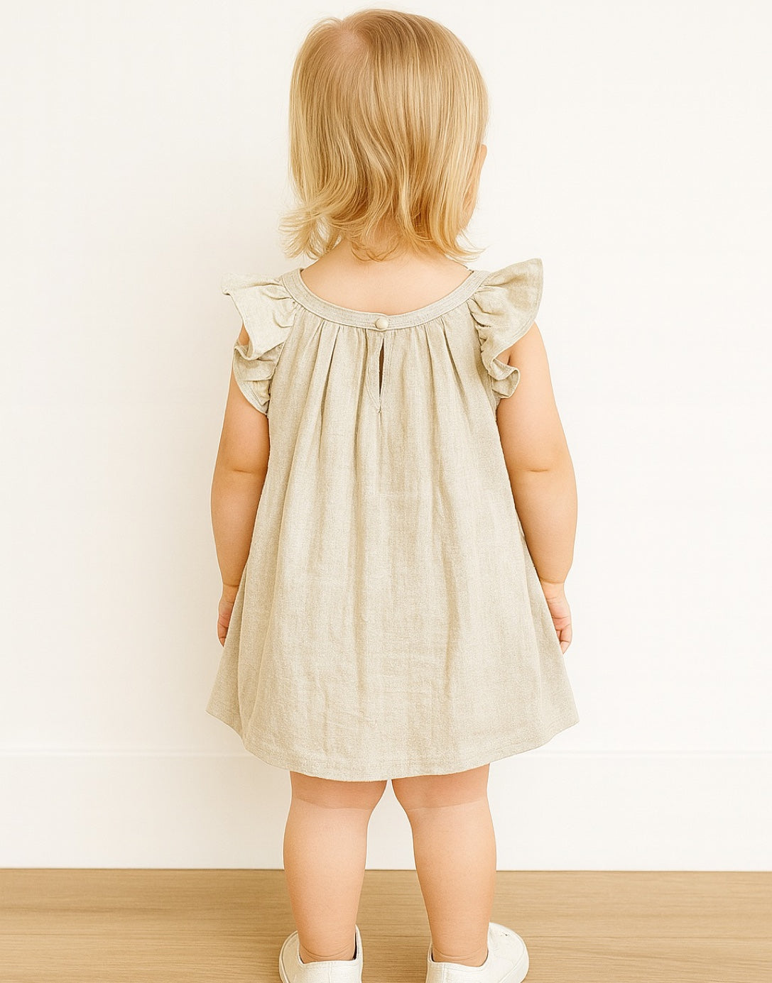 Back view of child wearing a beige Ruffle Sleeve Pleated Dress with ruffled sleeves against a white background.