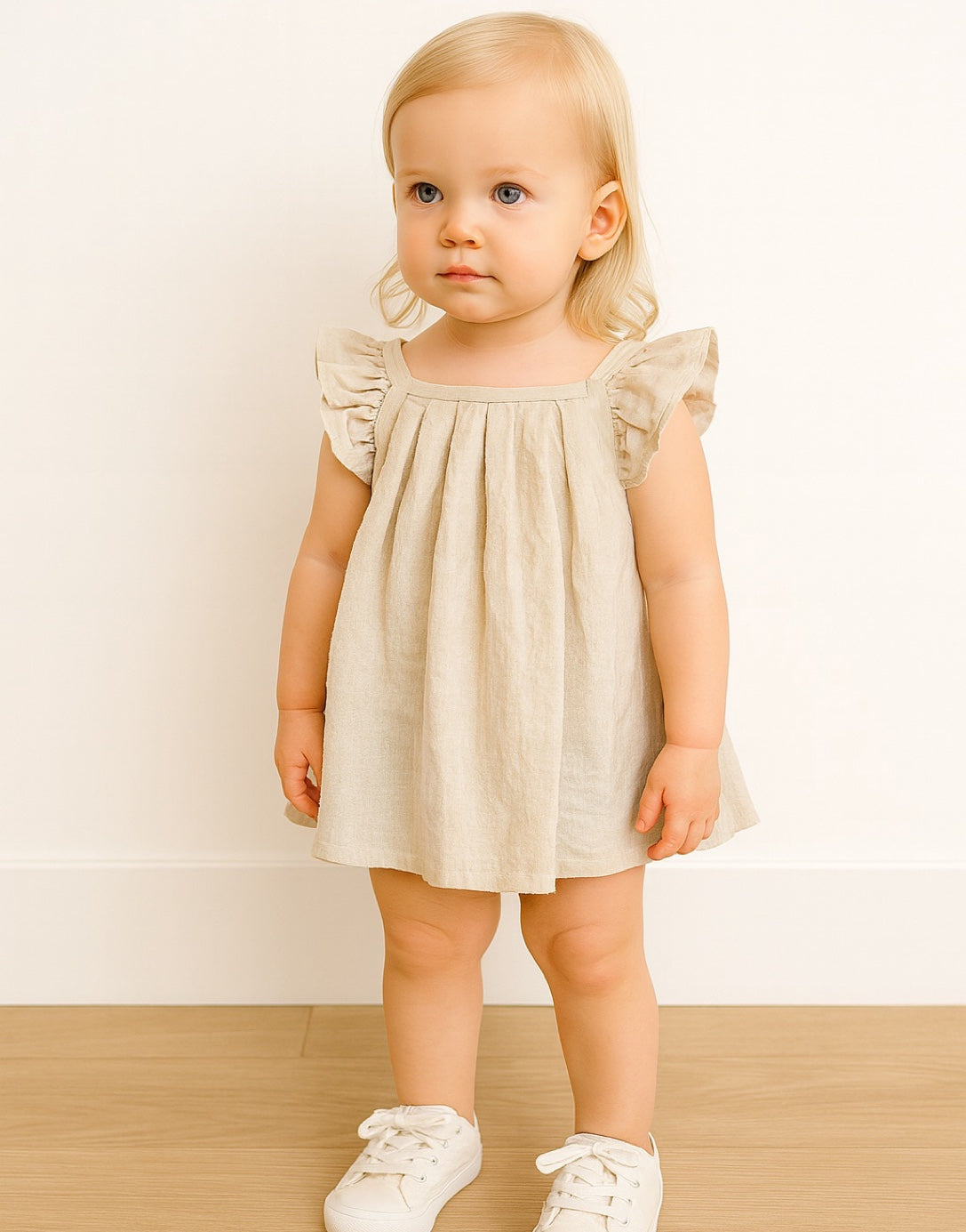 Young child wearing a beige Ruffle Sleeve Pleated Dress with ruffled sleeves against a plain background