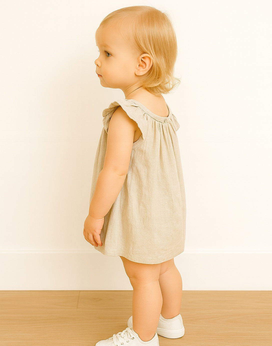 Side view of child wearing a light-colored Ruffle Sleeve Pleated Dress standing on a wooden floor with a plain white wall background.