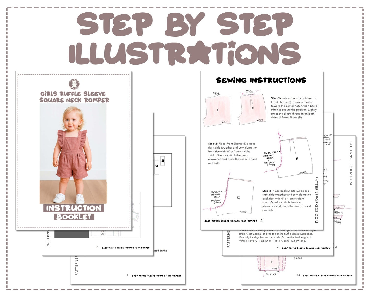 Baby Ruffle Sleeve Square Neck Romper sewing pattern instruction booklet showing step by step illustrations to make the garment.