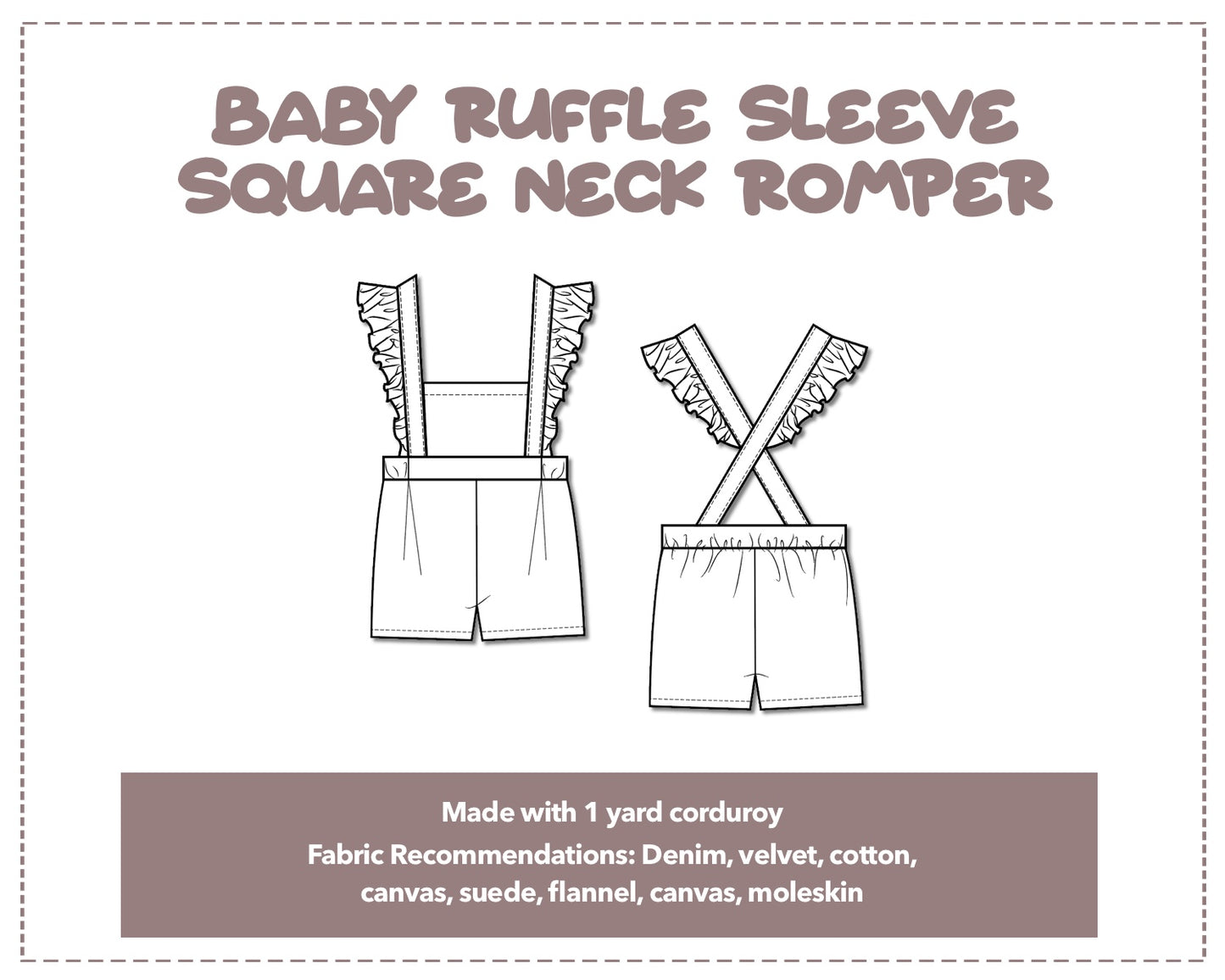 Illustration and detailed description for Baby Ruffle Sleeve Square Neck Romper sewing pattern.