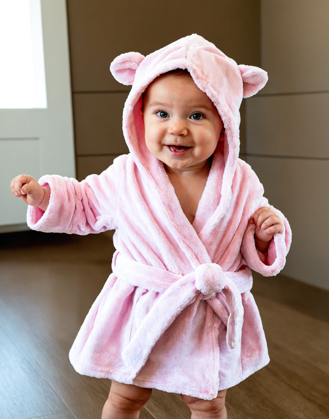 Full length photo of Baby Teddy Ear Hooded Bathrobe.