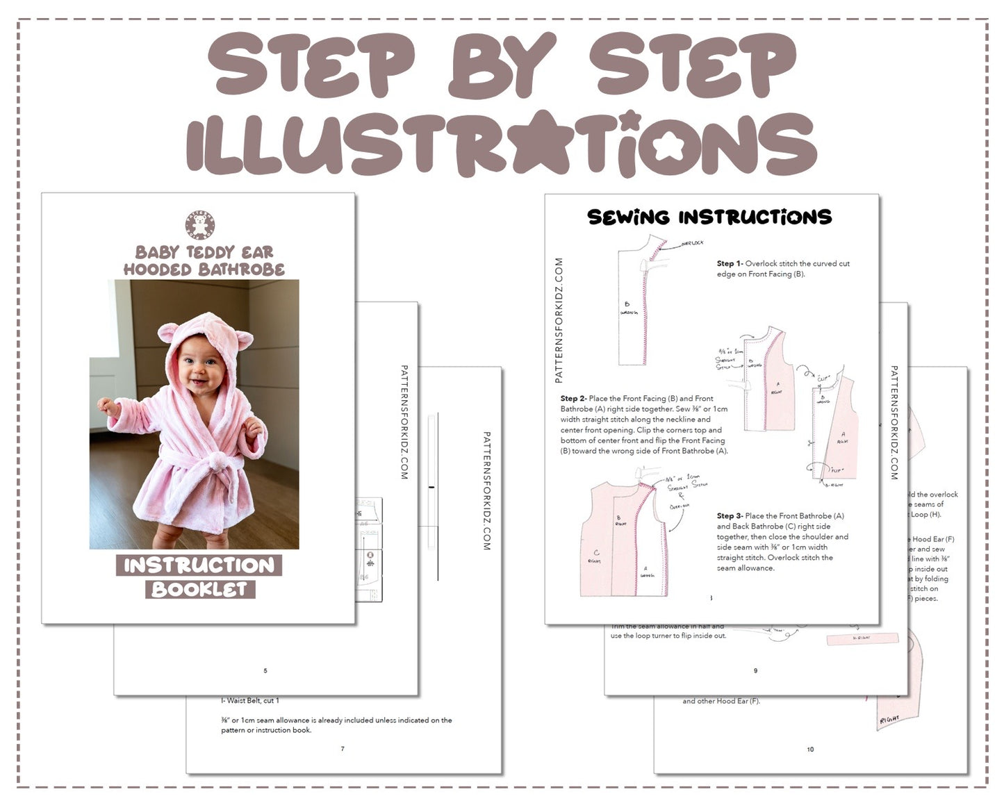Baby Teddy Ear Hooded Bathrobe sewing pattern step by step illustrations.