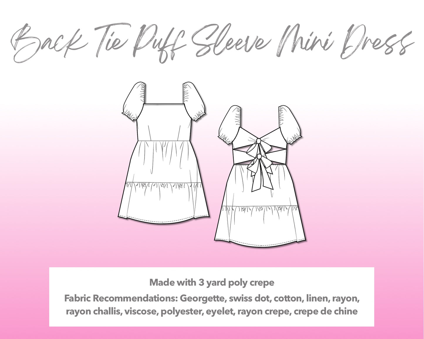 Illustration and detailed description for Back Tie Puff Sleeve Mini Dress sewing pattern.