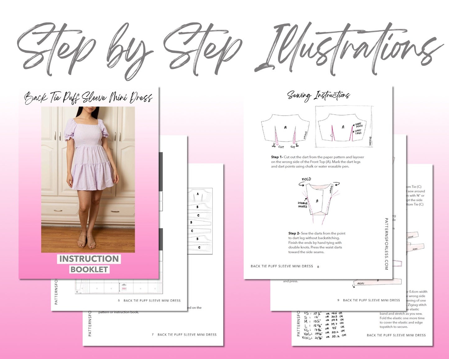 Back Tie Puff Sleeve Mini Dress sewing pattern step by step illustrations.