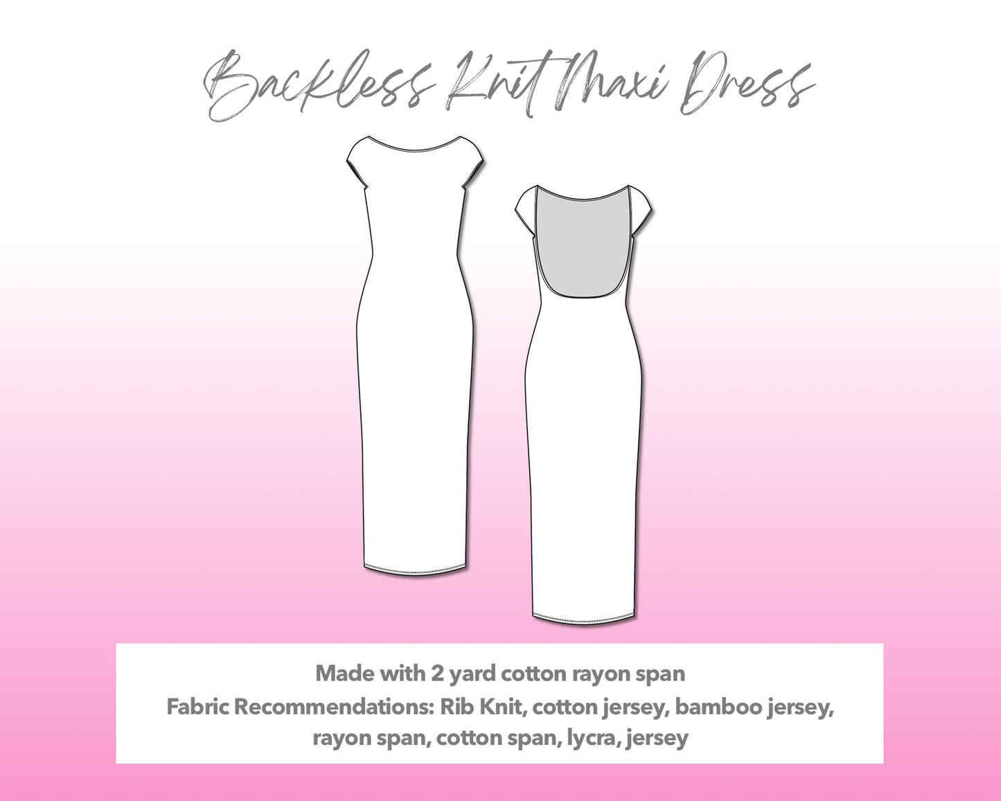 Illustration and detailed description for Backless Knit Maxi Dress sewing pattern.