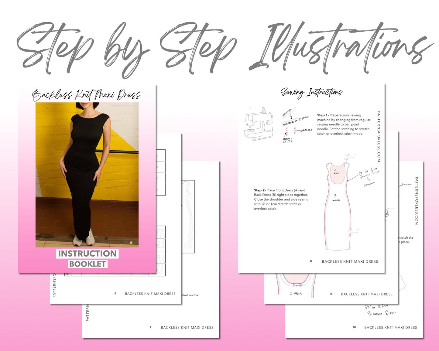 Backless Knit Maxi Dress sewing pattern step by step illustrations.