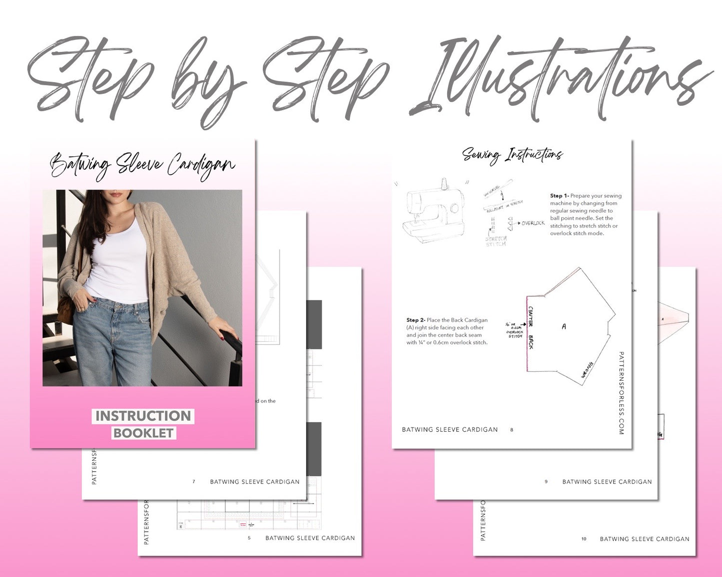 Batwing Sleeve Cardigan sewing pattern step by step illustrations