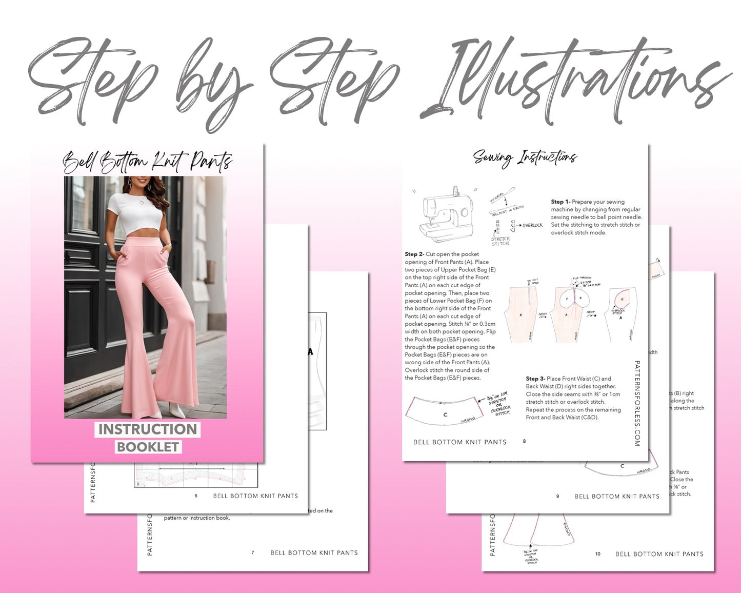 Bell Bottom Knit Pants sewing pattern step by step illustrations.