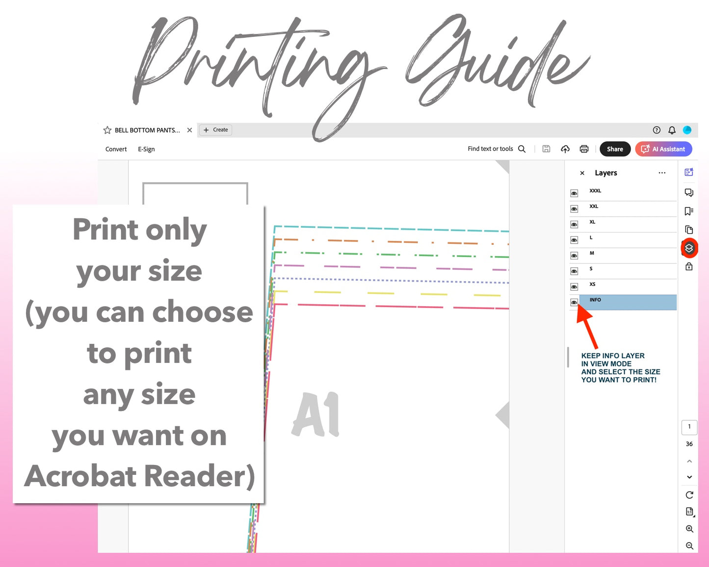 Bell Bottom Pants sewing pattern printing guide.