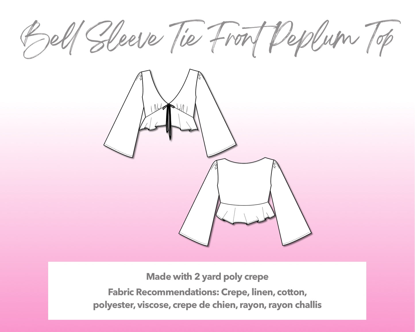 Illustration and detailed description for Bell Sleeve Tie Front Peplum Top sewing pattern.