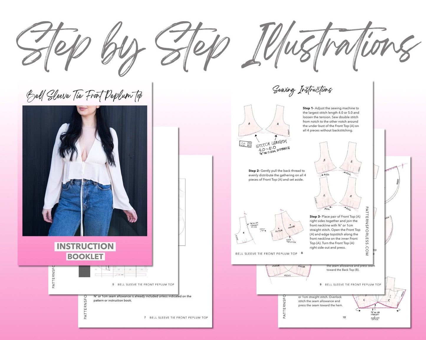Bell Sleeve Tie Front Peplum Top sewing pattern step by step illustrations.