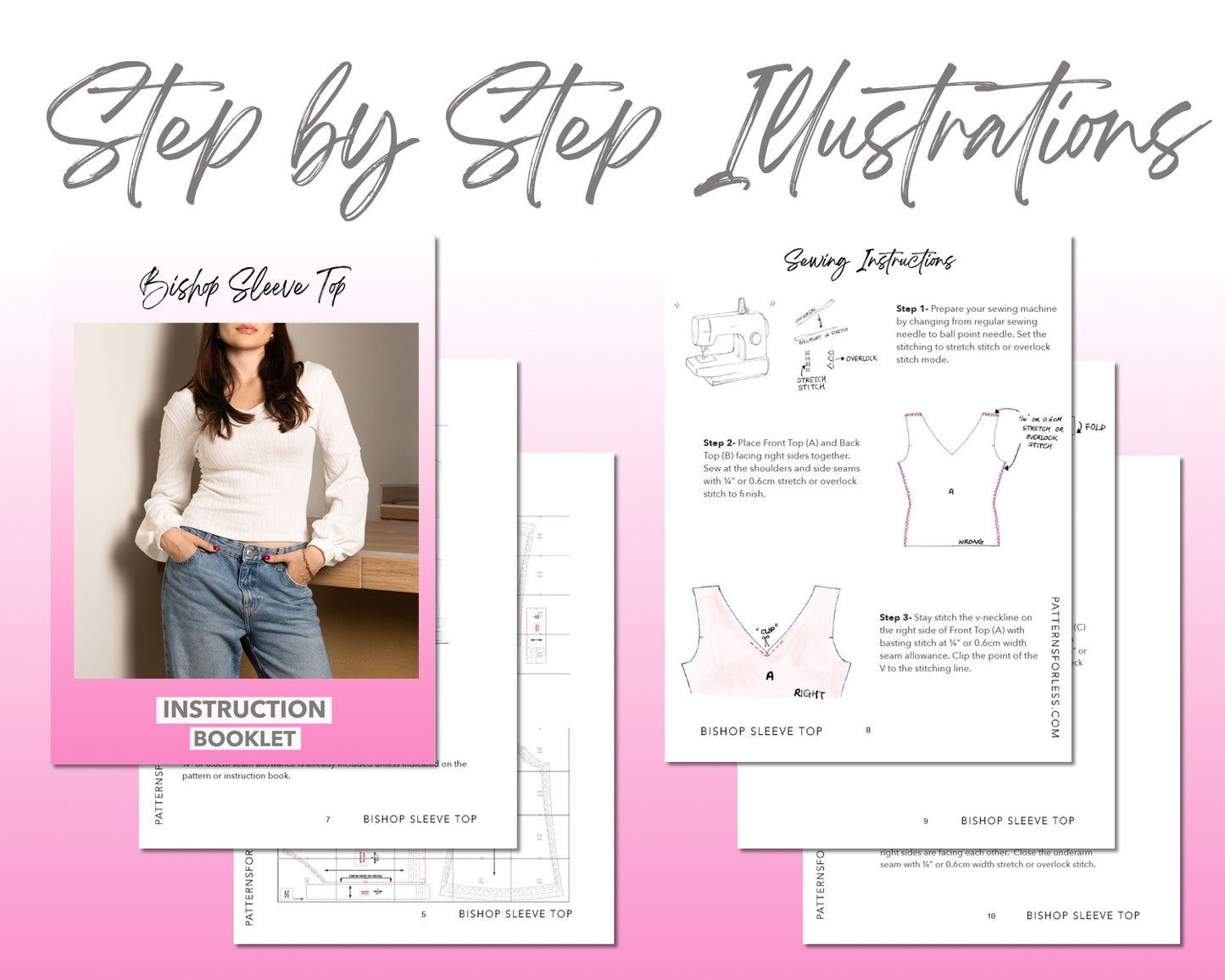 Bishop Sleeve Top sewing pattern step by step illustrations.