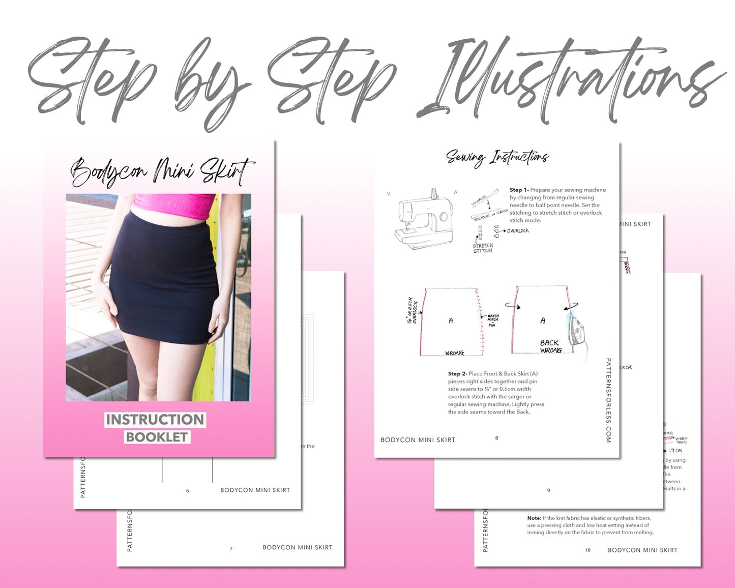 Bodycon Mini Skirt sewing pattern step by step illustrations.