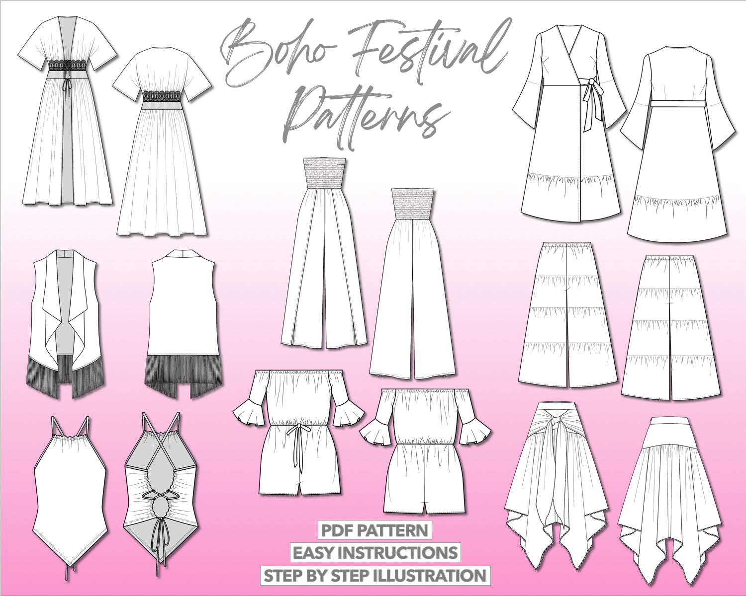 Illustration and detailed description for Boho Festival sewing patterns sewing pattern.