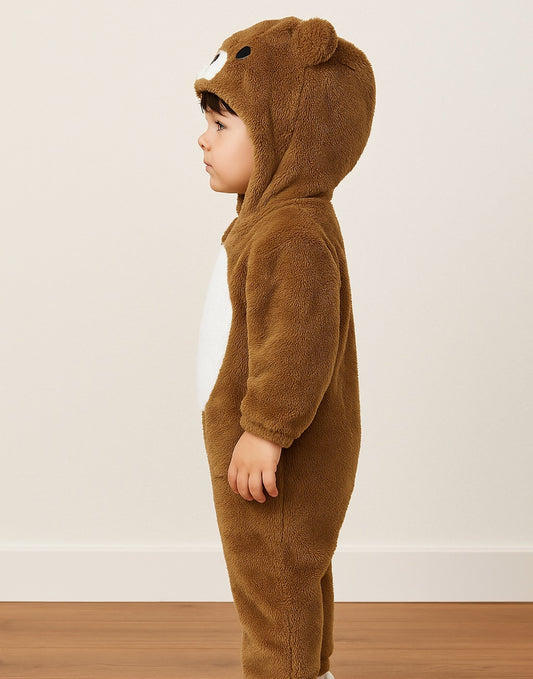 Side view of child wearing a brown Boys 3D Ear Hooded Jumpsuit against a plain background