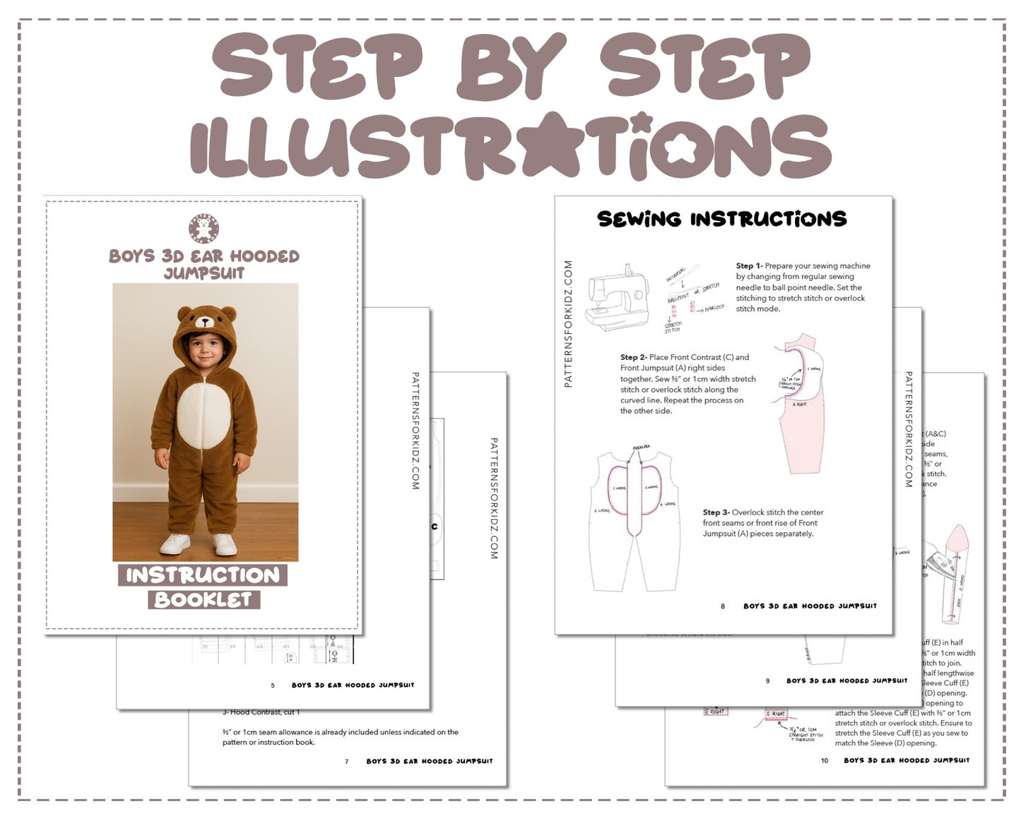 Boys 3D Ear Hooded Jumpsuit sewing pattern instruction booklet showing step by step illustrations to make the garment.